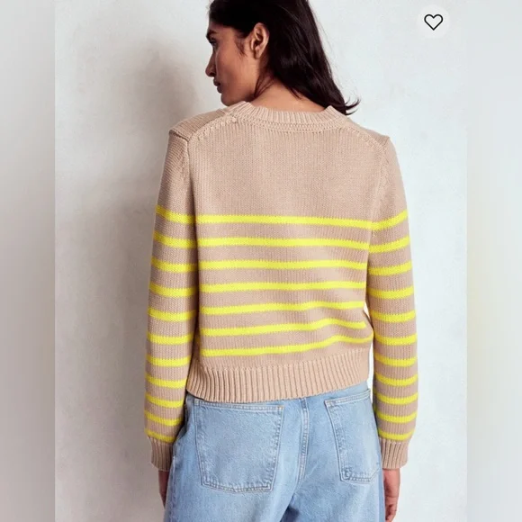 Boden Lucy chunky cotton sweater size medium camel brown neon yellow stripes - Picture 2 of 7